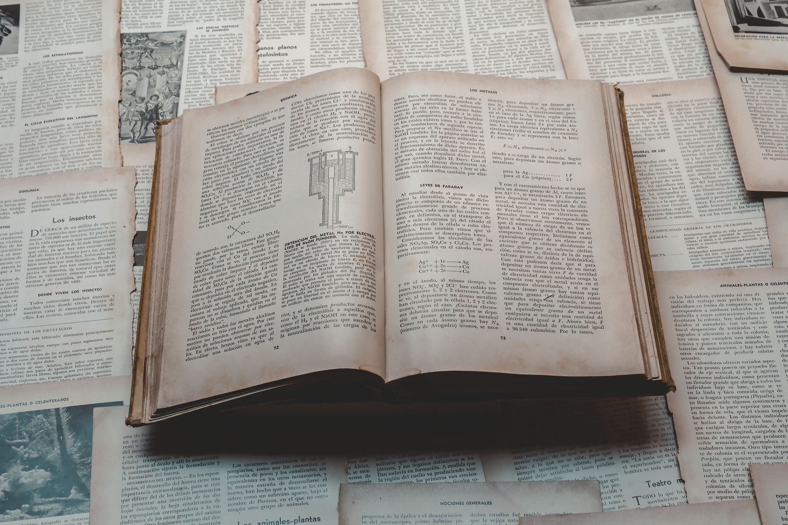 Explore a classic open book surrounded by vintage papers, perfect for historical and educational themes.